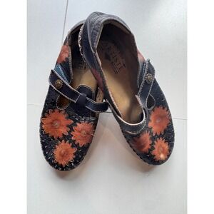 Spring Step L'Artiste Leather Mary Jane Shoes Floral Embroidered Black Orange 37